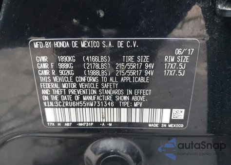 2017 Honda Hr-V Ex from USA, damaged, VIN 3CZRU6H55HM731346